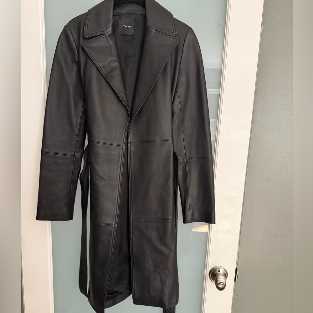 Theory Black Leather Napa Belted Trench Coat - Picture 2 of 7